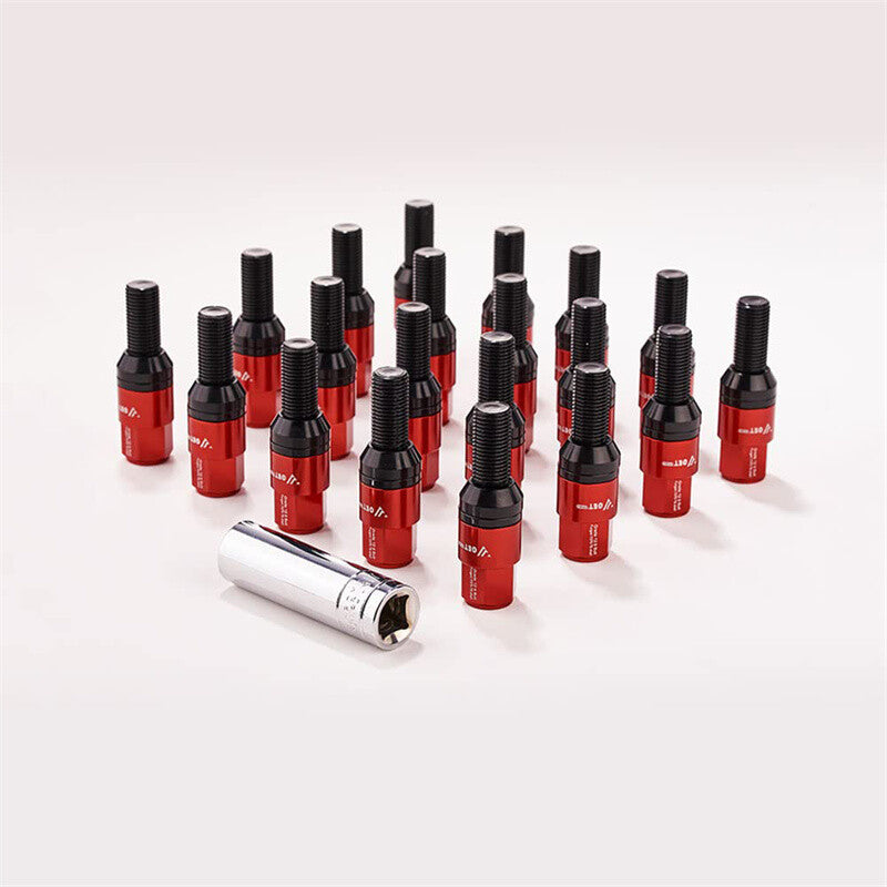 20-piece set of M14x1.5 wheel lug bolts, tapered for seat studs, 28mm shank, suitable for most aftermarket applications.