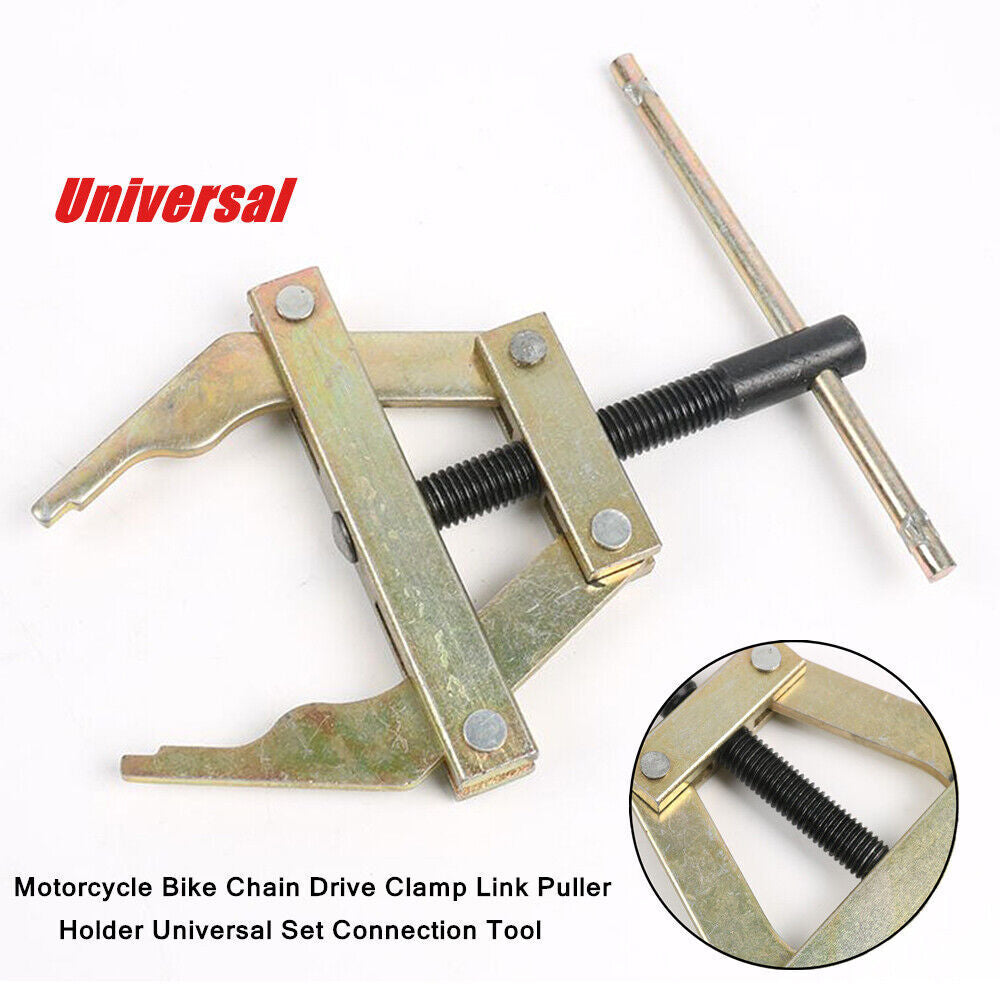 1-piece motorcycle/bicycle chain drive clamp, link puller, bracket, and connection tool kit n