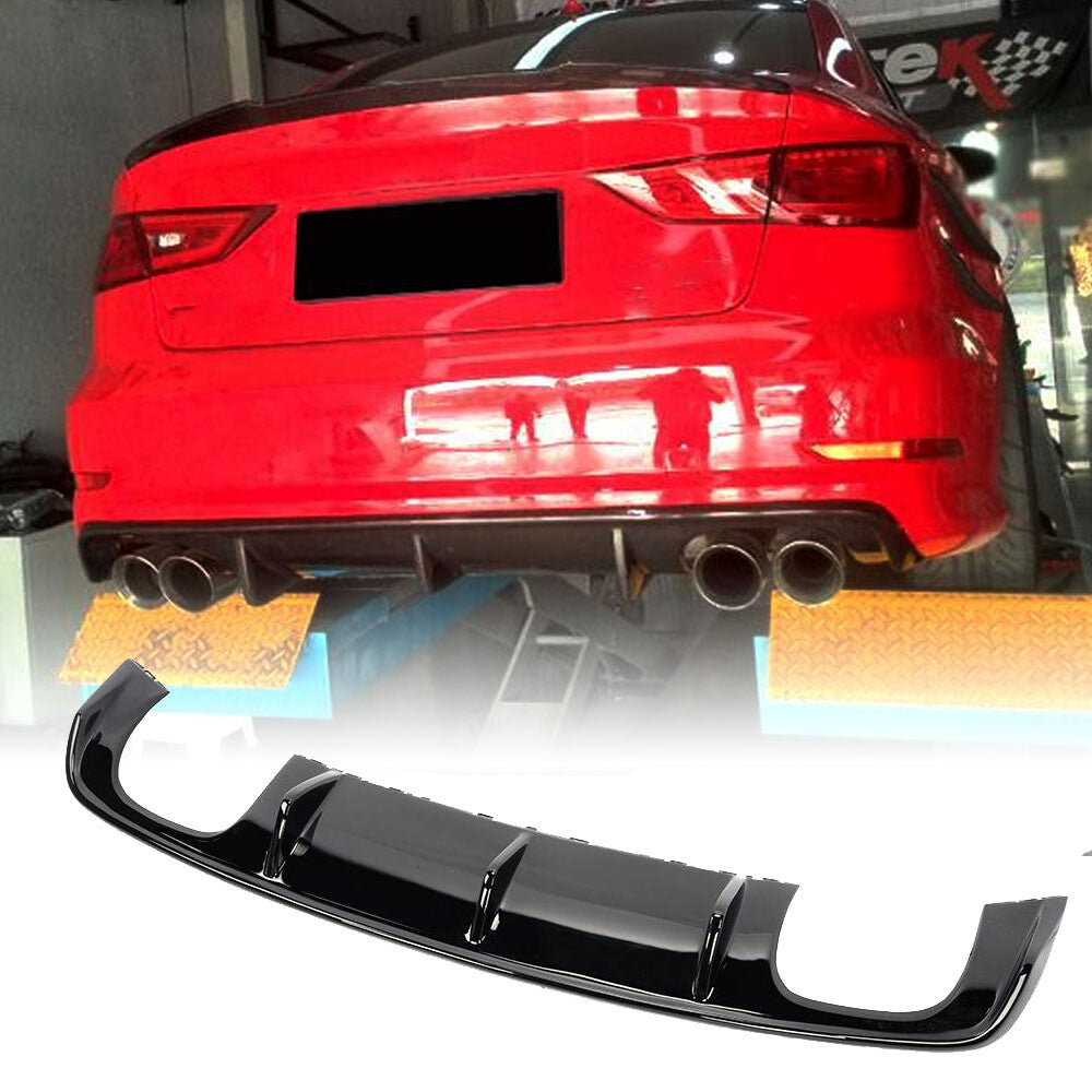 FRP Glossy Black Rear Bumper Diffuser Lip Quad 4 Tips for Audi S3 Sedan 2013-16