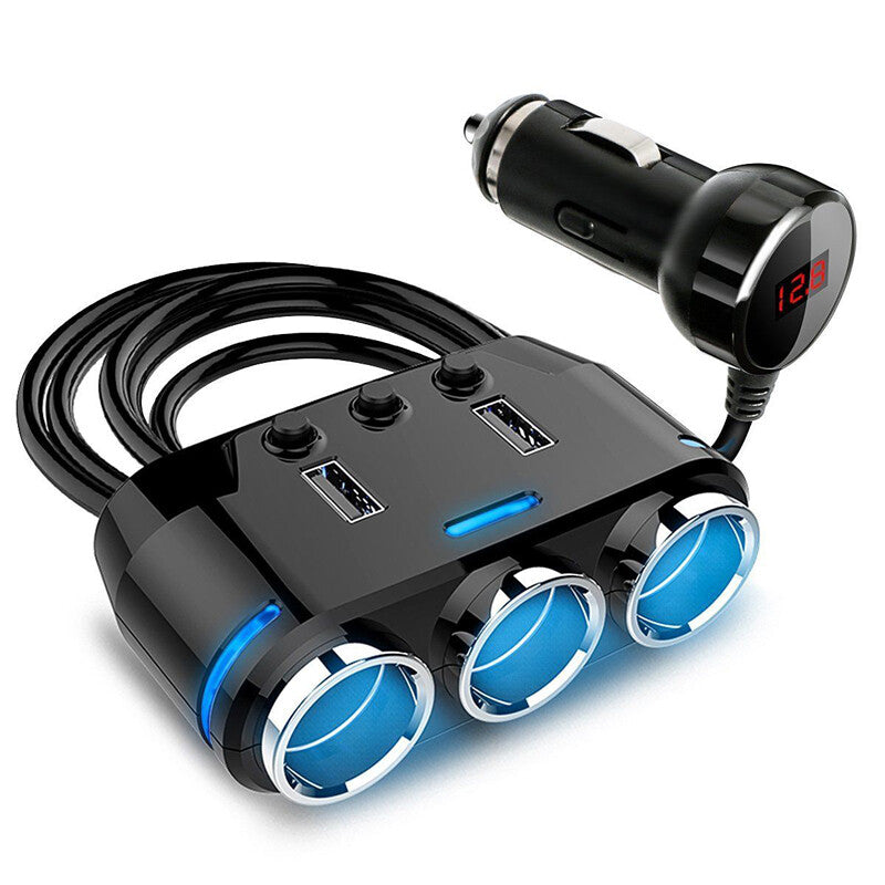 3-way cigarette lighter socket distributor, power adapter, dual USB car phone charger - n