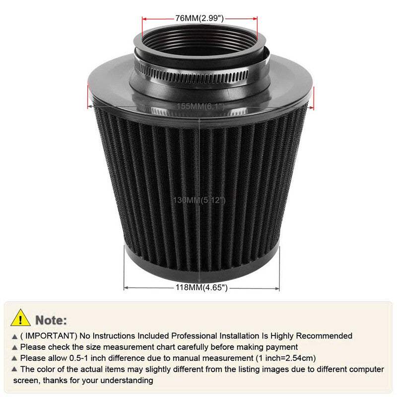 3-inch 76mm Imported Clip-on High Flow Cold Intake Cone Air Filter for SUVs - Black n