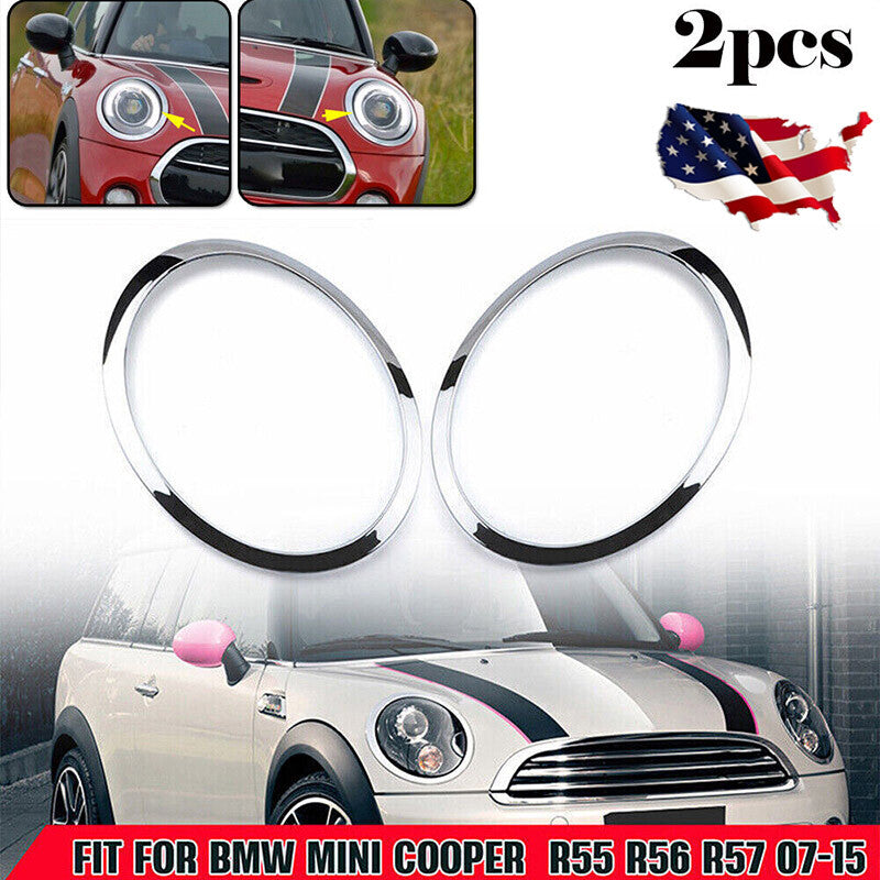 2-Piece Headlight Trim Ring Frame Protective Cover for 2007-15 for Mini Cooper R55 R56 Chrome Alloy