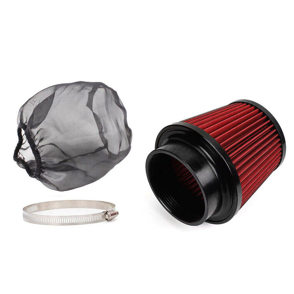 4 100mm Red Inlet Car Truck Air Intake Cone Dry Air Filter w/ Filter Sock Cover