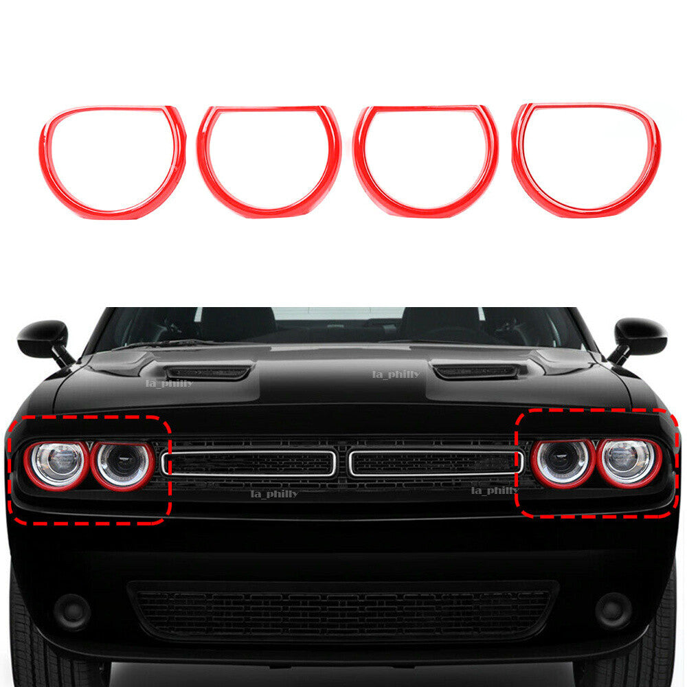 4Pcs Front Headlight Trim Cover Bezels Kit Red for Dodge for Challenger 2015 to 2019