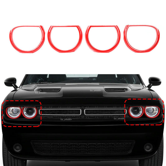 4Pcs Front Headlight Trim Cover Bezels Kit Red for Dodge for Challenger 2015 to 2019
