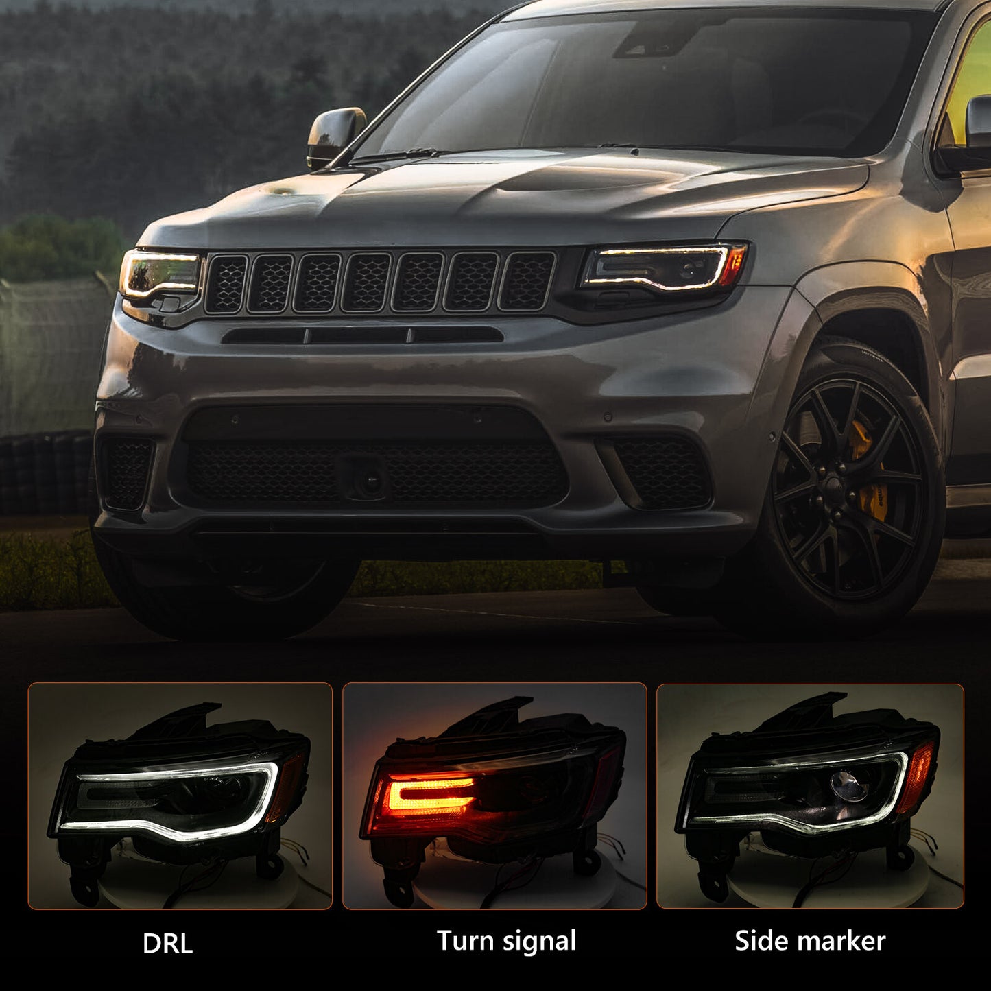 2P For 2017-2021 for Jeep Grand Cherokee Factory HID/Xenon Headlights LED DRL Black
