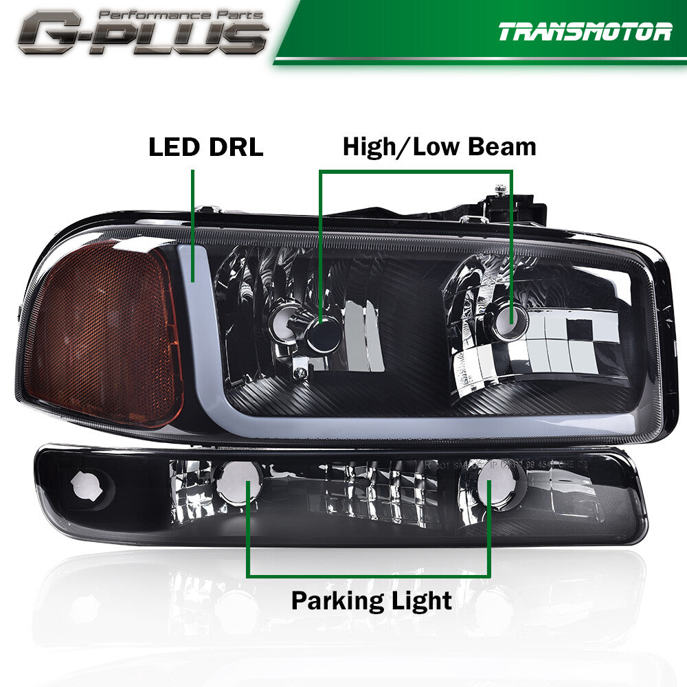LED DRL Headlight with Bumper Signal Light Smoked Fits 99-07 for GMC for Sierra for Yukon - v