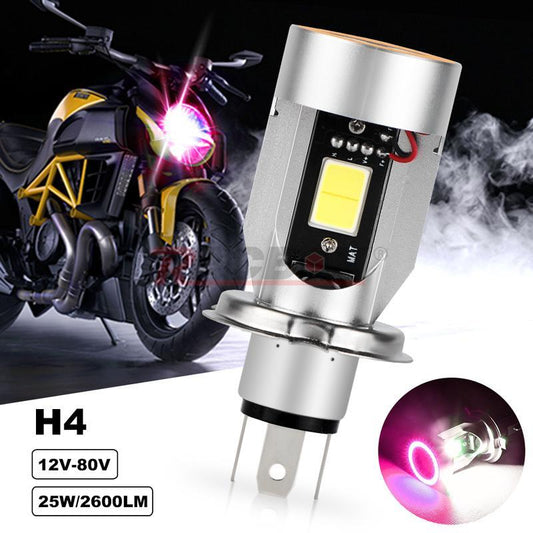 H4 LED Motorcycle Headlight 2600LM Bulb 6000K Hi/Lo Beam With Red Angel Eyes
