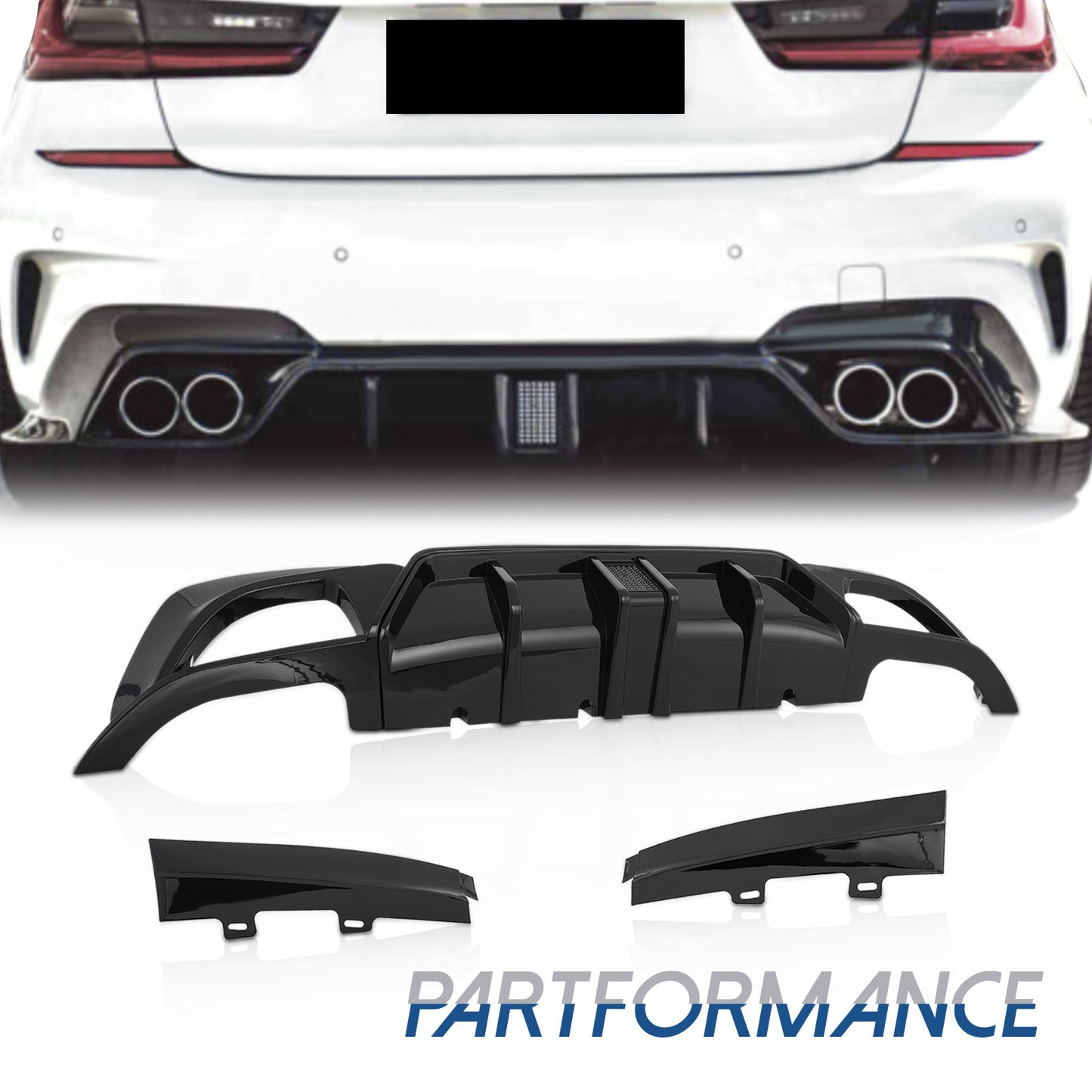 For 2019-2022 for BMW G20 3 Series CMS Style Gloss Black Rear Diffuser W/LED Light Q