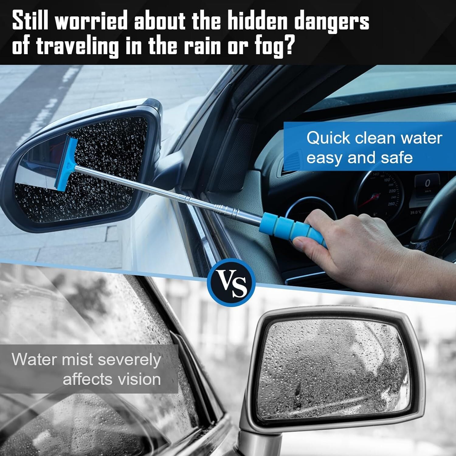 1Pc Telescopic Car Wiper Side Rearview Mirror Squeegee Water Removal Tool Blue Q
