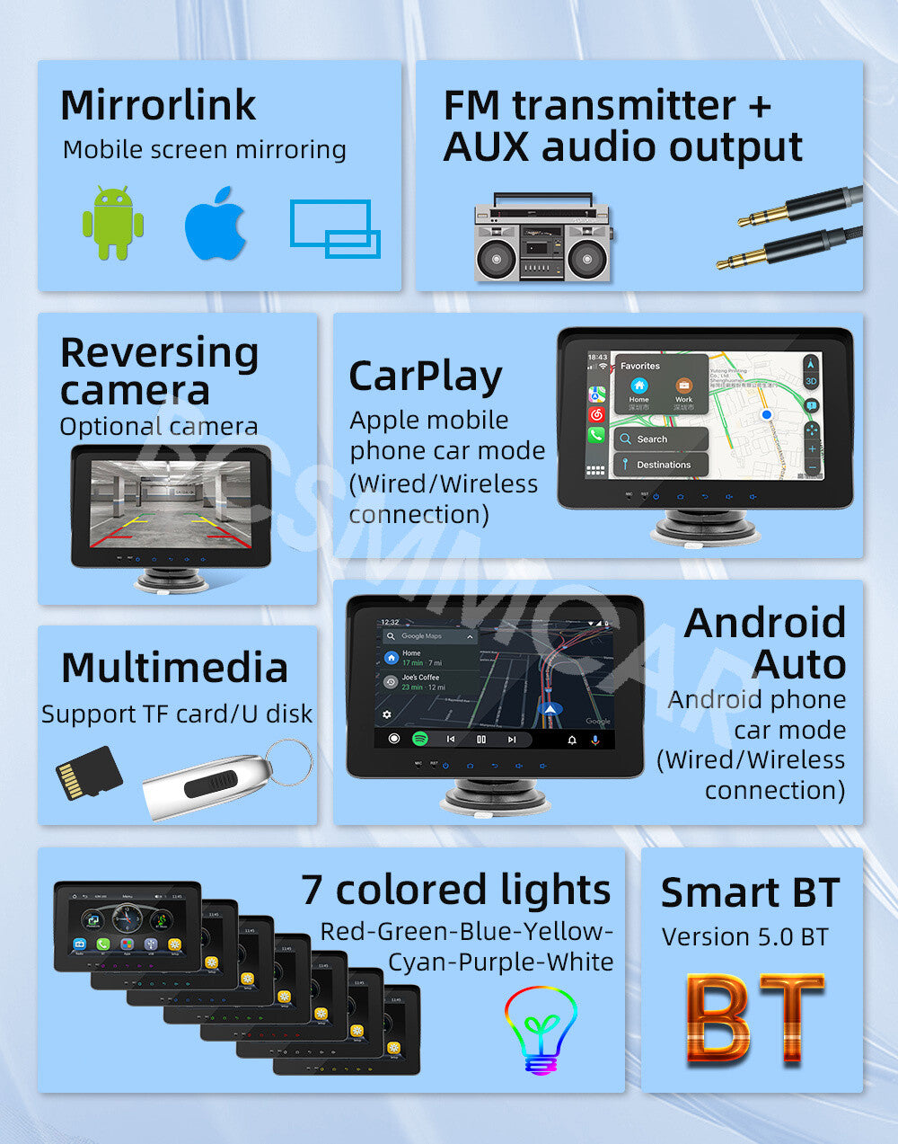 Portable 7in Touchscreen Car Stereo Radio Player For CarPlay Android Auto Camera