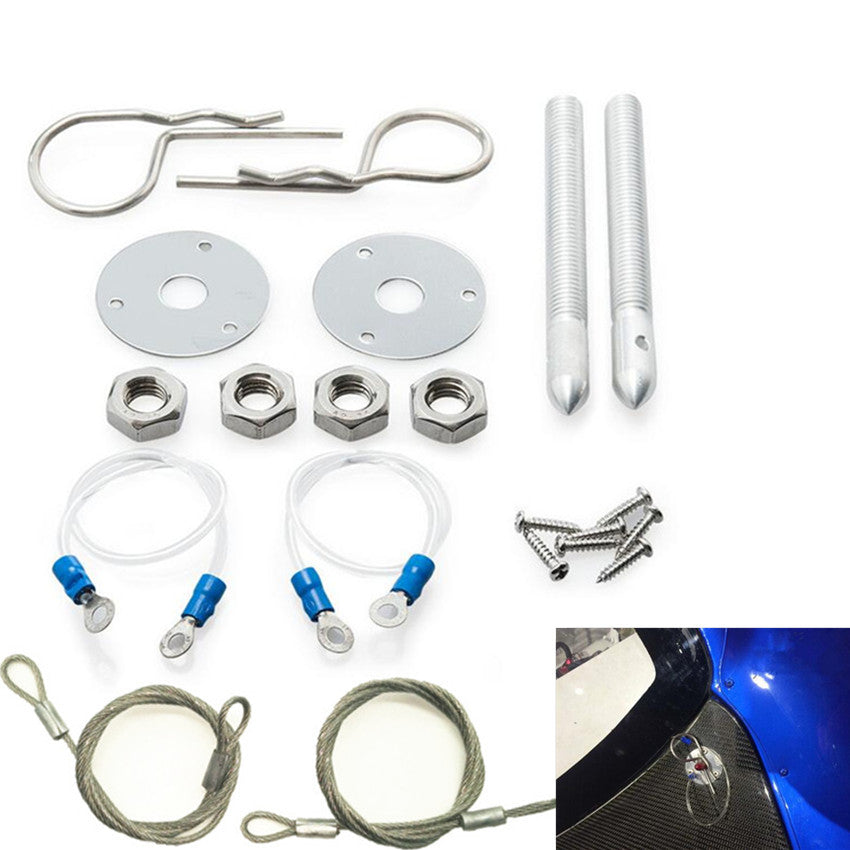 Car Silver 3/16 Hair Pin Style Hood Cover Set With Lanyards Muscle Lock Studs