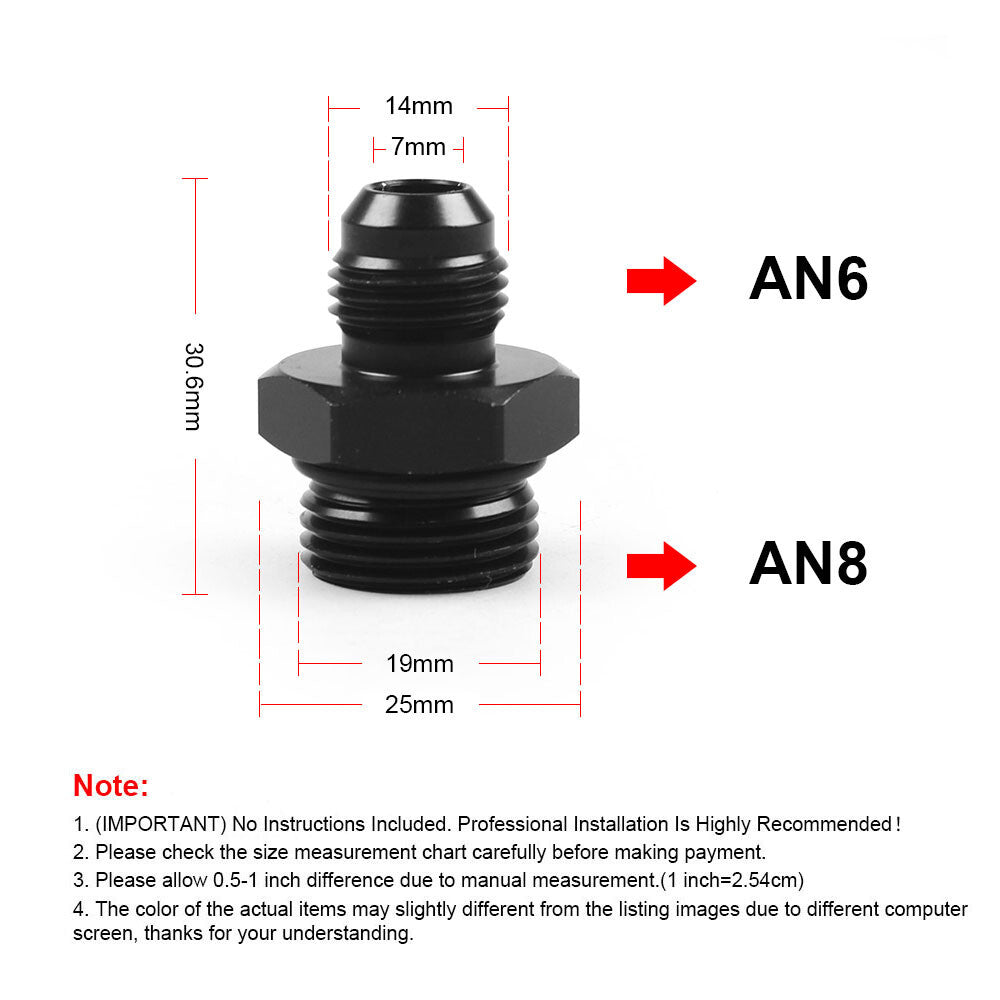 2-Pack ORB-8 O-ring Boss AN8 8AN to AN6 6AN Male Adapter Accessories - Black Aluminum