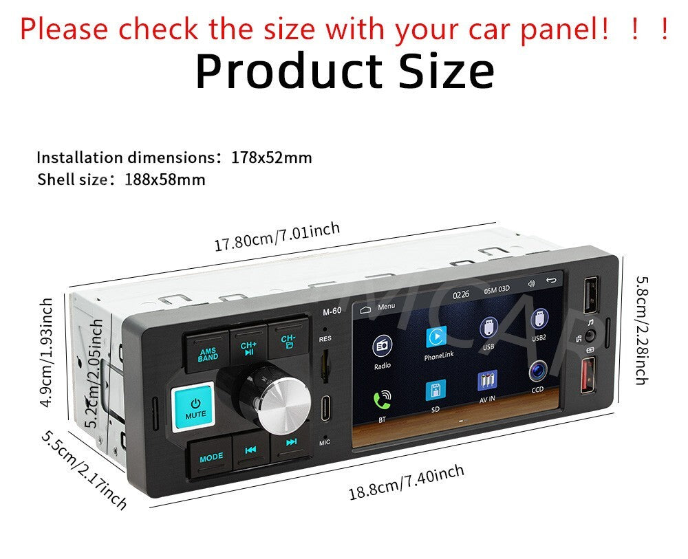 4.1 Car Radio For Apple Carplay Car Stereo Touch Screen Single Din W/Camera