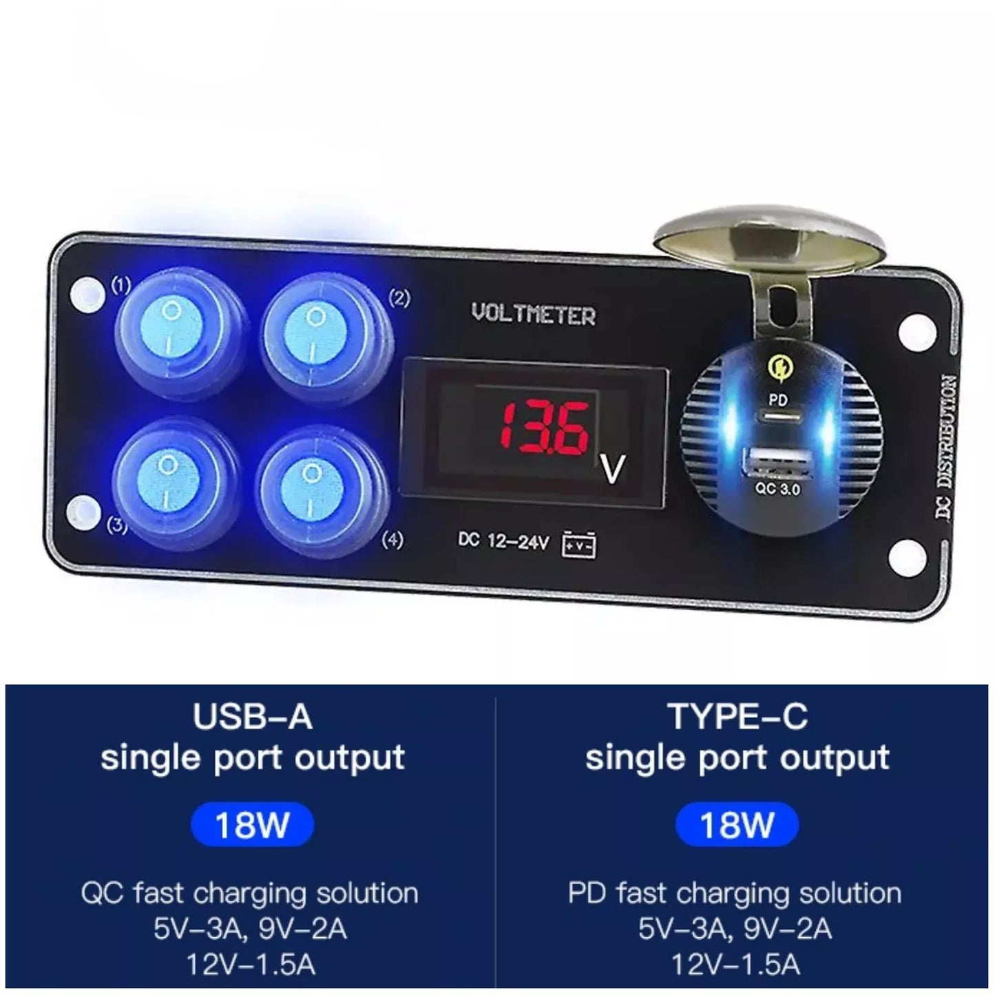 4-gang blue LED toggle switch panel voltmeter QC 3.0 USB charger for car and boat use. n