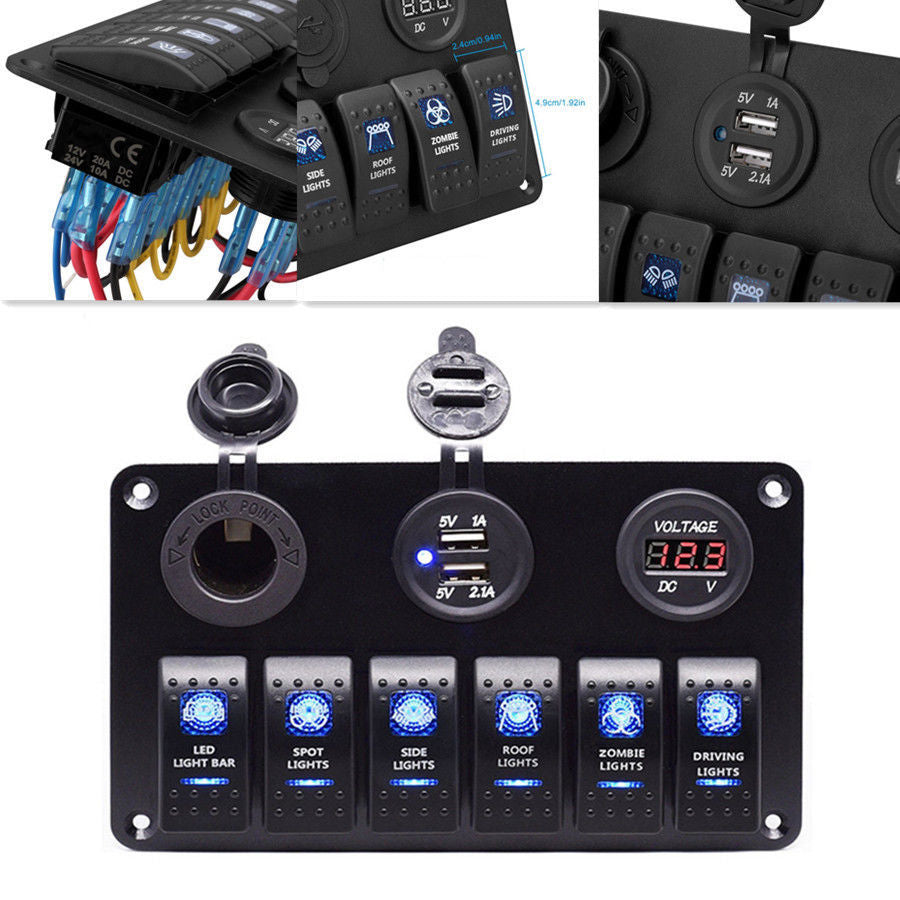 12V Car Boat 6 Gang Switch Panel Cigarette Lighter Dual USB Socket Red Voltmeter