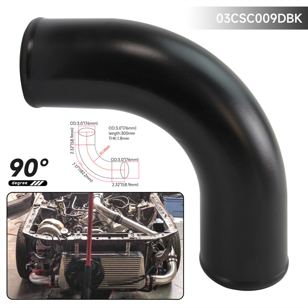 90 Degree 76mm 3 Aluminum Intercooler Intake Pipe Piping Tube Hose Black