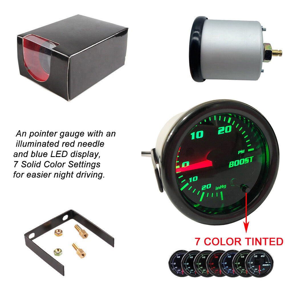 Universal 7 Color Tinted 2 Turbo Boost Gauge 0-30 PSI 52mm Turbo Pressure Meter