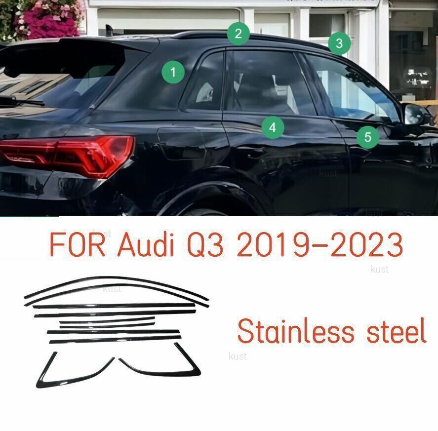 for Audi Q3 2019-2023 Black Steel Full Window Strip Sill Molding Cover Trim 10Pc