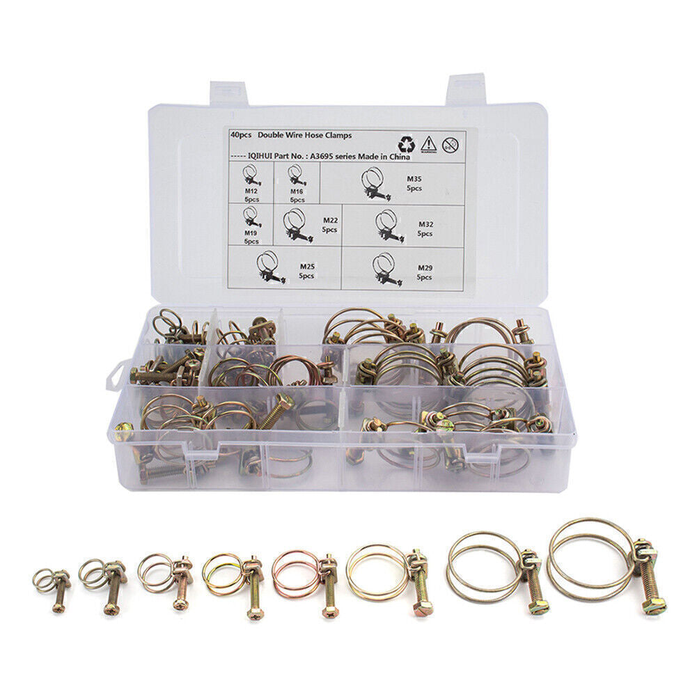 40PCS Double Wire Hose Clamp Pipe Clip Screw Bolt Tight Fitting Kit Classic Type