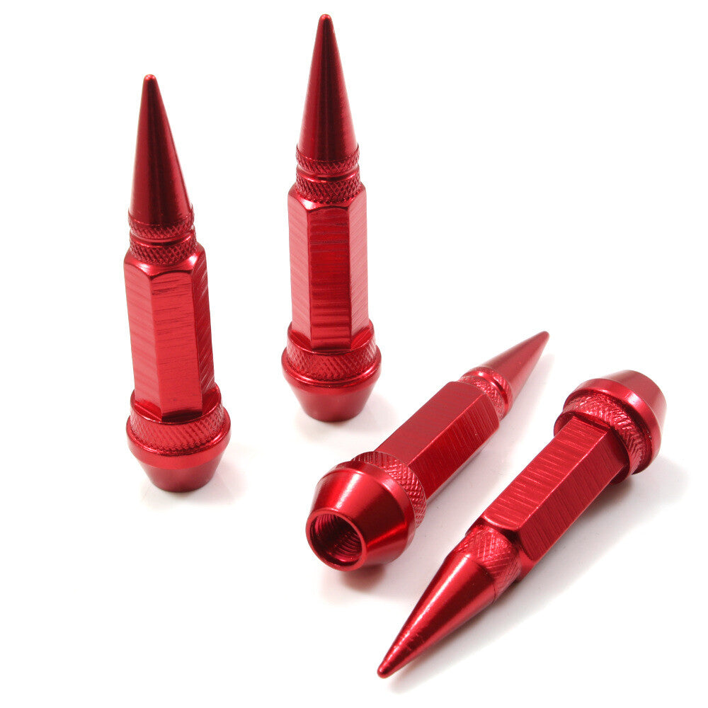 4 Red Aluminum Metal Long Spike Wheel/Tire Valve Stem Car-Truck Air Caps Covers