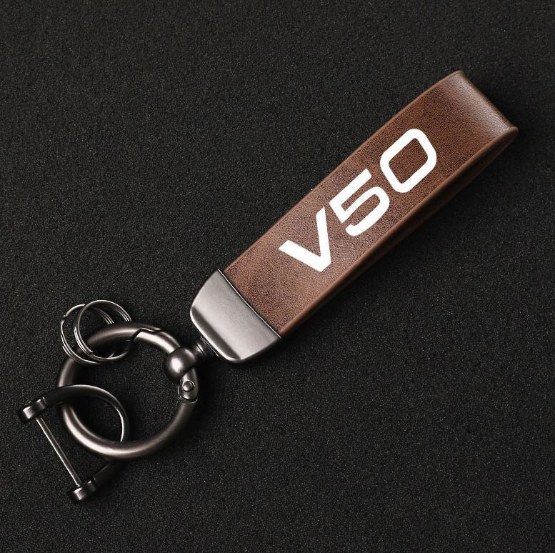 Suitable for Volvo V90 car keychain/key ring, dark brown leather horseshoe buckle gift.