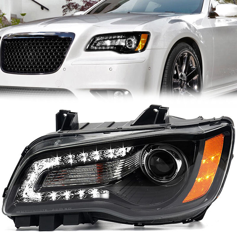 Driver Left For 2011-2014 for Chrysler 300 Black Halogen LED DRL Headlight Lamp