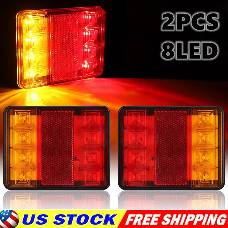 2 Pcs Square LED Truck Trailer Stop Turn Tail Brake Lights Waterproof 8-LED- v
