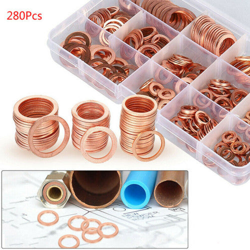280Pcs Copper Oil Seal Gasket Set with Flat Gasket Copper Gasket Oil Seal Kit