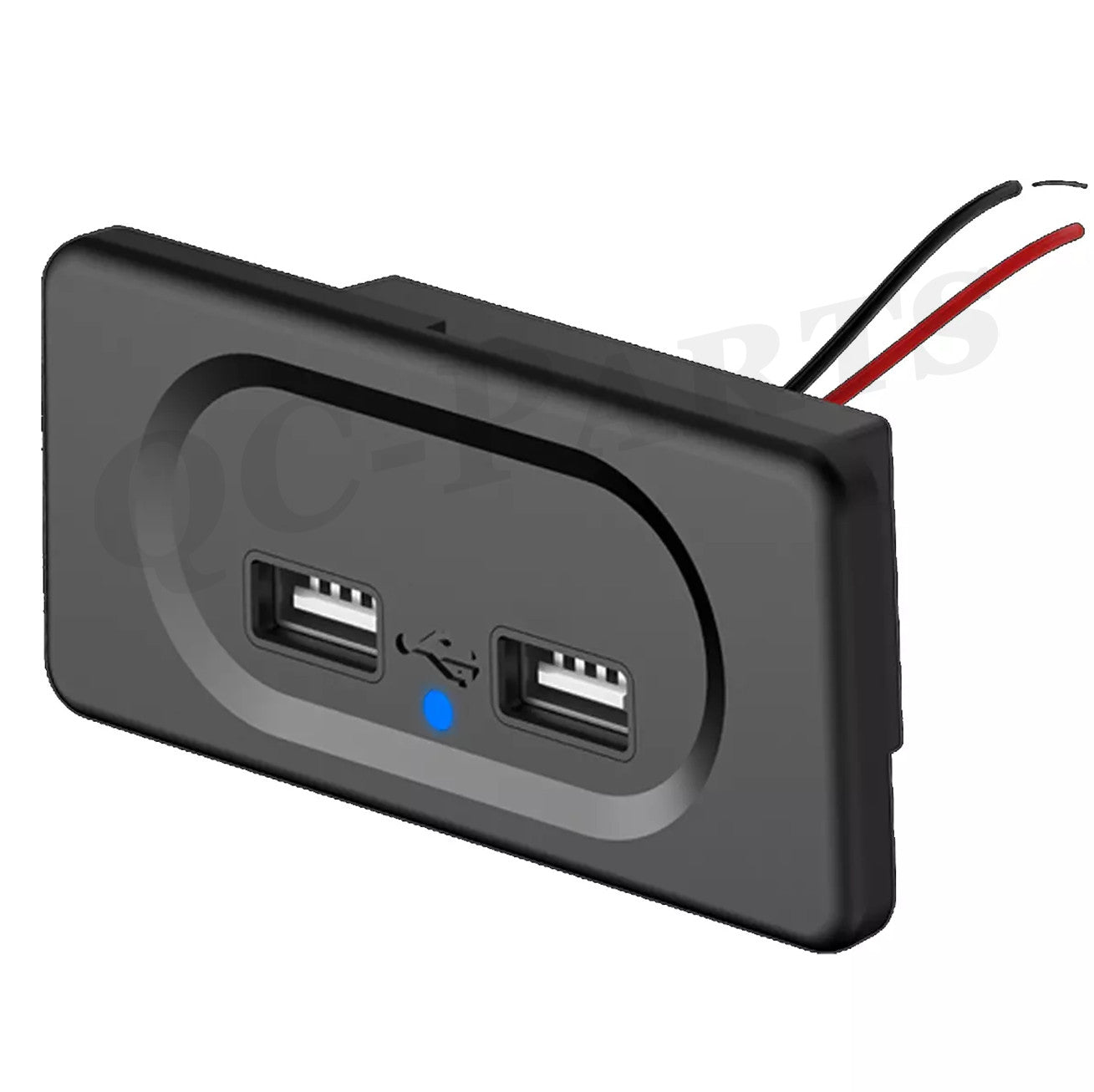 Dual USB charger socket with blue LED indicator for car, SUV, and truck accessories.