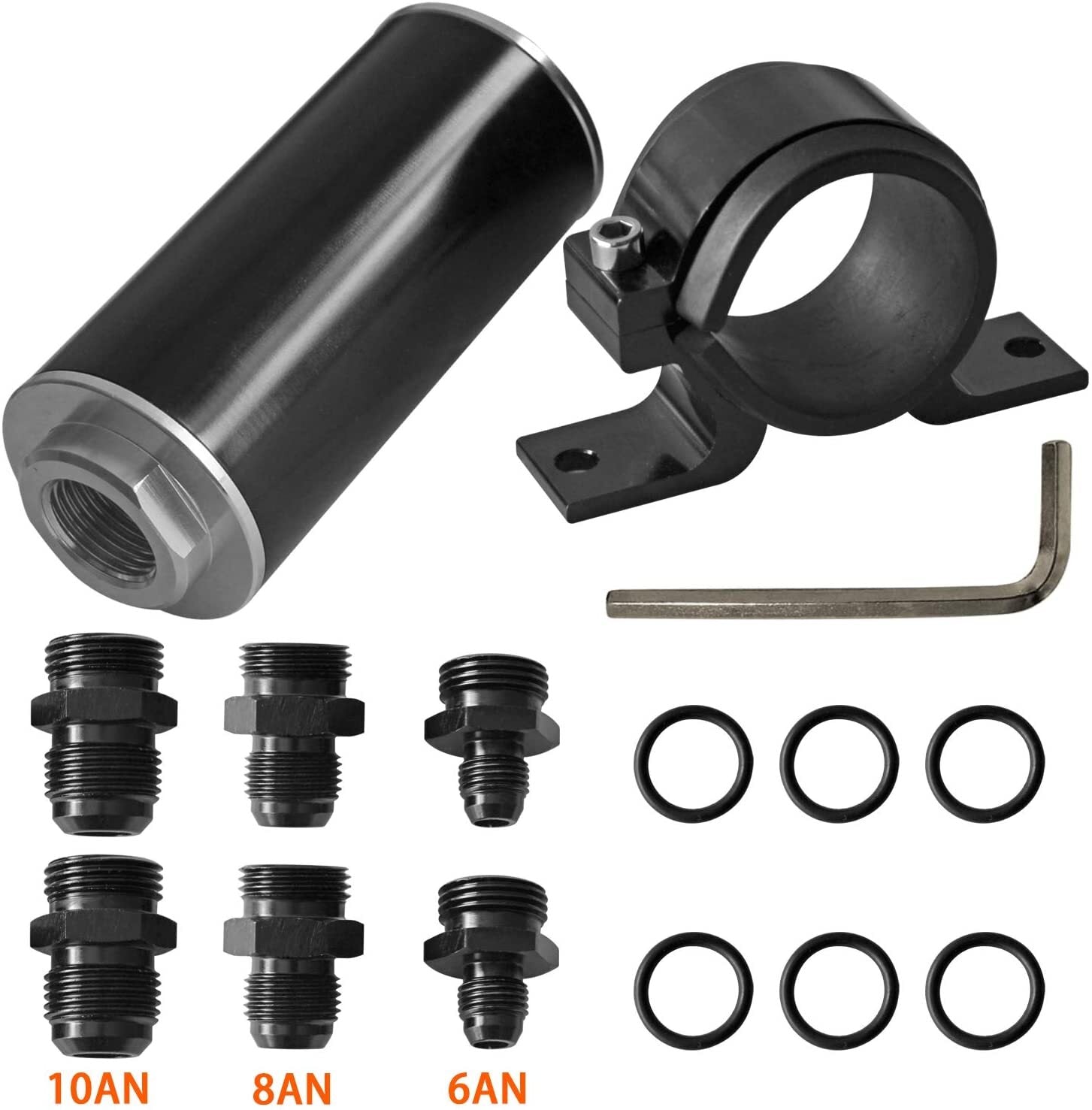 Universal direct-flow fuel filter, high flow, 100 microns, cleanable, 6AN/8AN/10AN adapter.