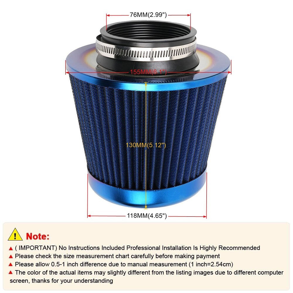 New Blue 3 76mm High Flow Inlet Cold Air Intake Cone Replacement Dry Air Filter