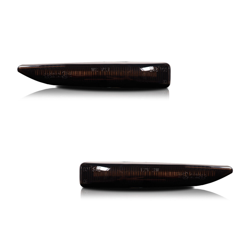 Two black lens amber LED side marker lights for 2002-2008 for BMW E65, E66, E67, and 7 Series. Q