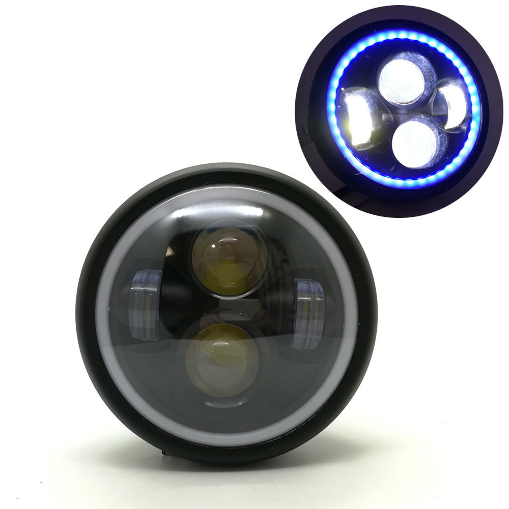 Black Metal Blue Angel Eye LED Headlight For GN125 CG125 Cafe Racer Bobber Q