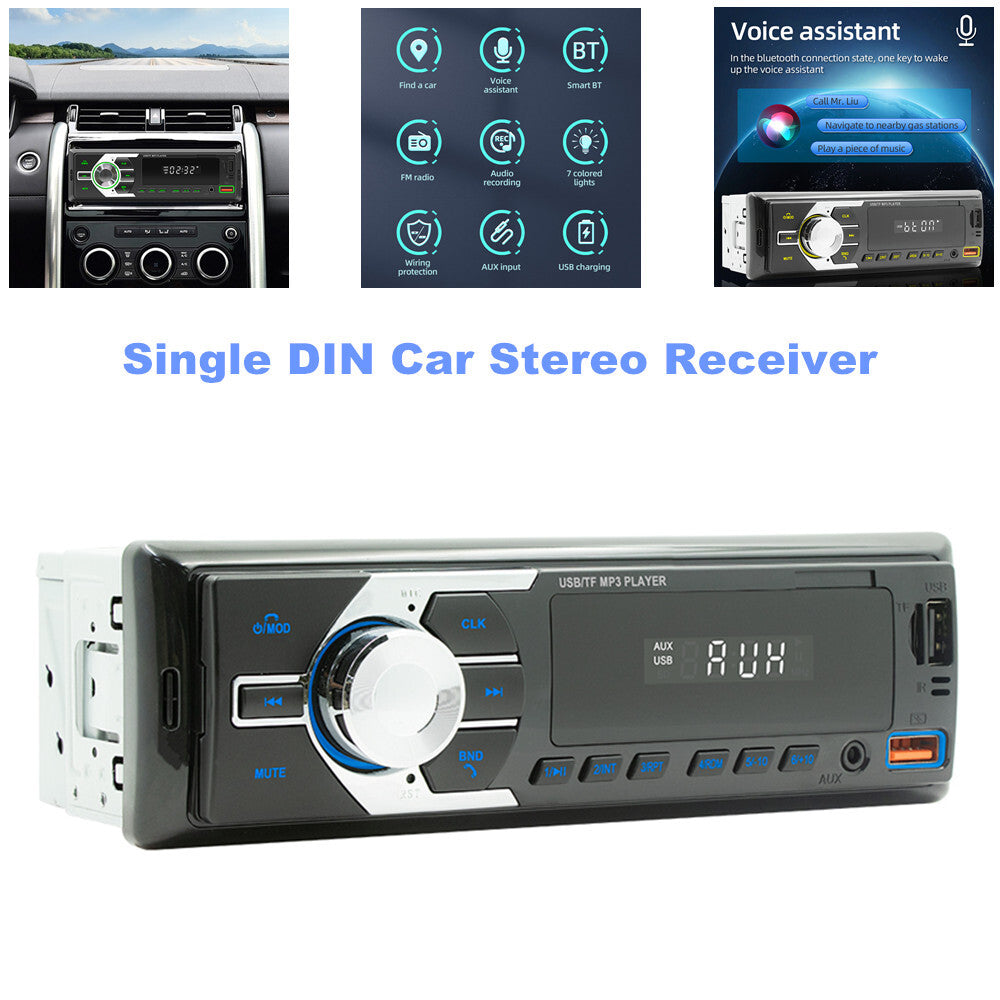 1 DIN car stereo receiver, car voice assistant finder, radio, Bluetooth, USB charging. n