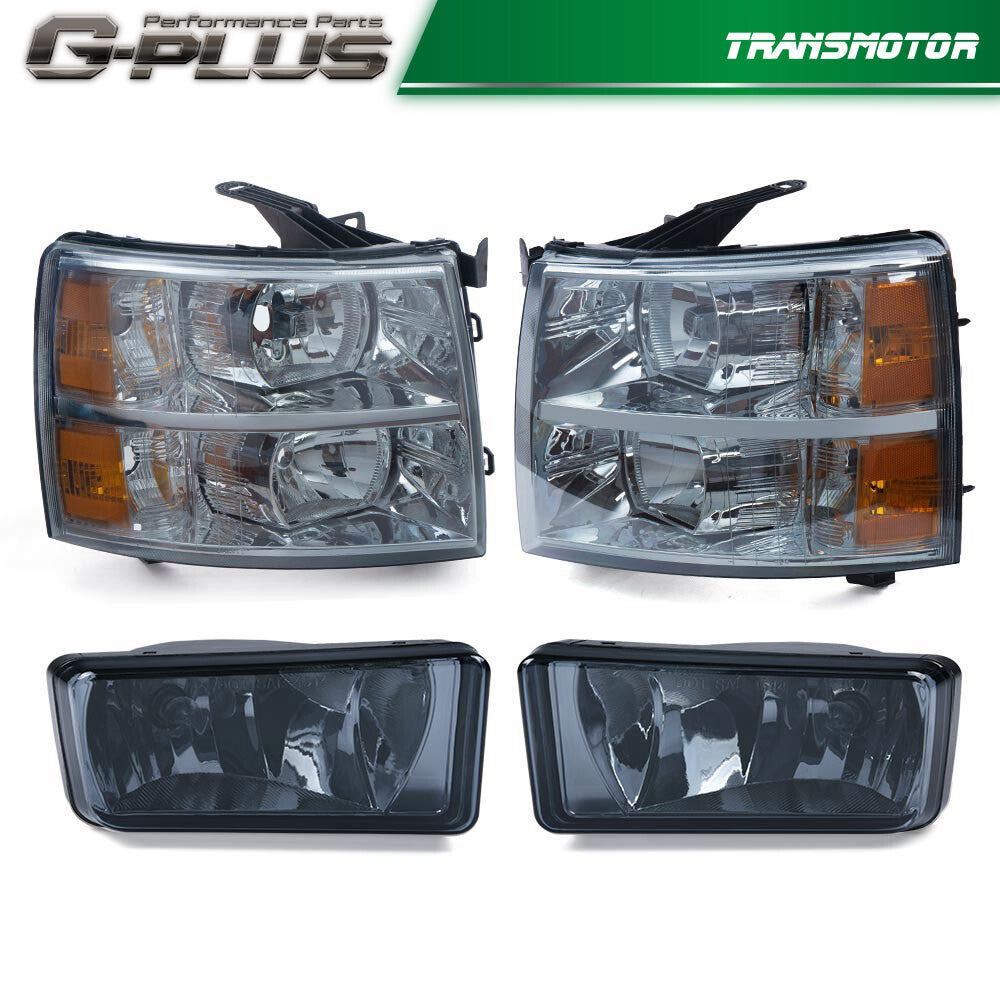 Smoked Housing Headlights and Fog Lights Fit 2007-14 for Silverado - v