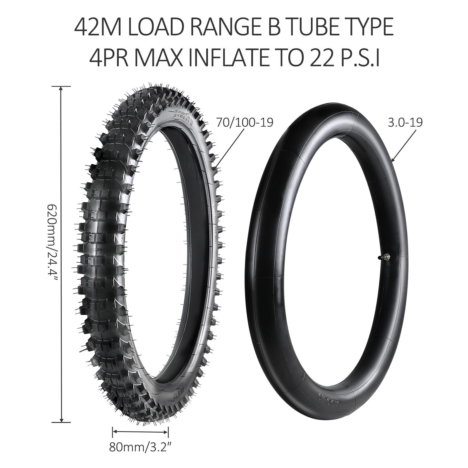 70/100-19 Knobby front tire + inner tube for Honda mountain bikes.