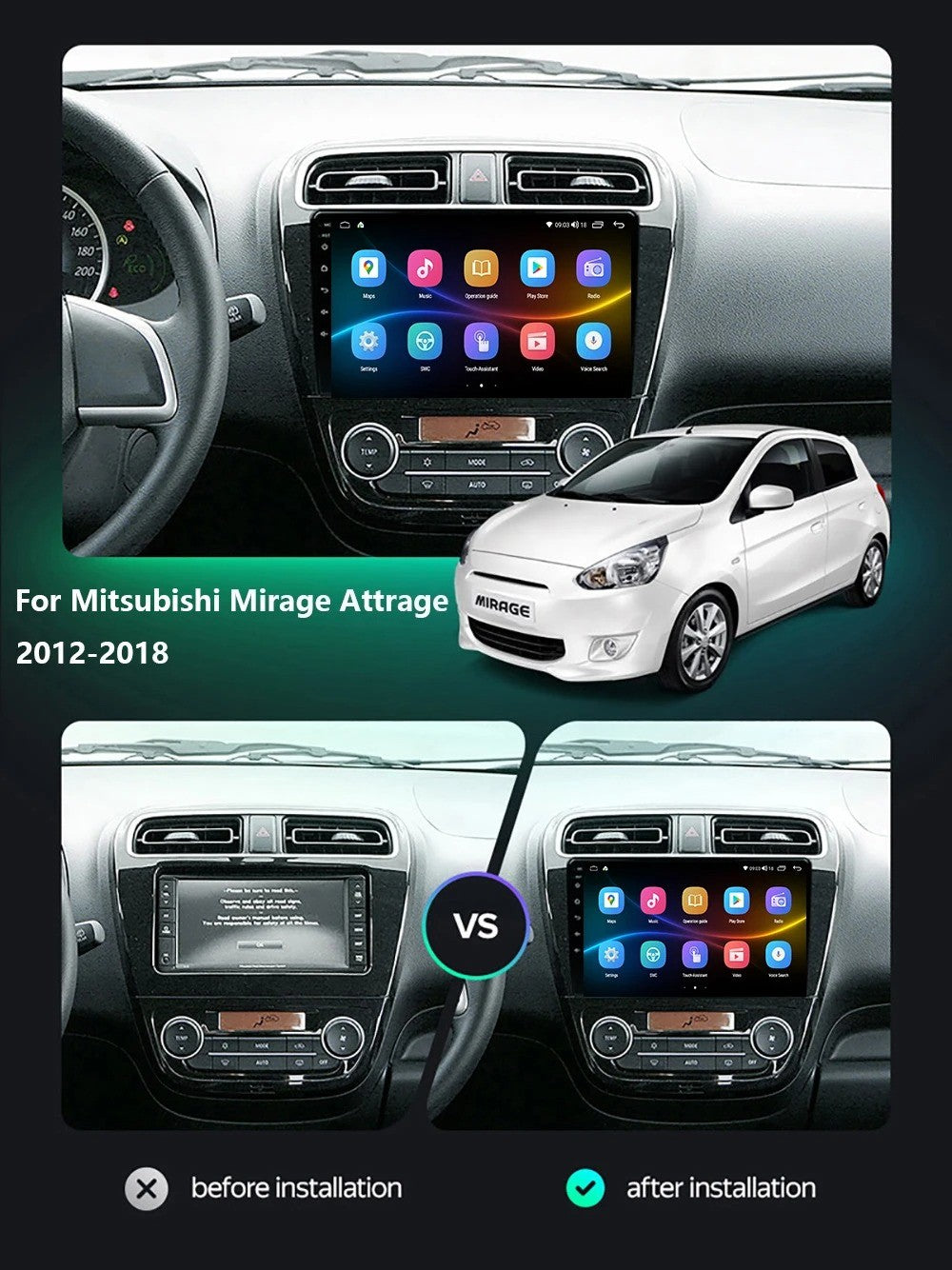 for Mitsubishi Mirage Attrage 2012-18 Android Auto CarPlay Car Radio GPS Screen