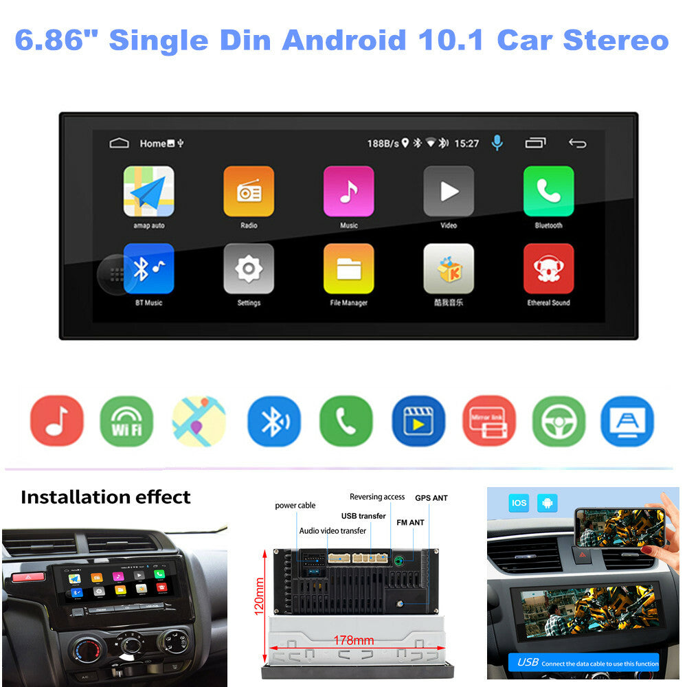 6.86-inch single DIN Android 10.1 car stereo radio player with Bluetooth, AUX, and offline maps. n