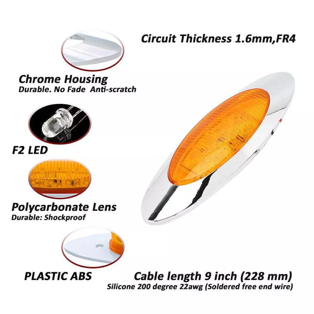 10x 6.5 Amber 16 LED Oval Side Marker Light Chrome Bezel for Peterbilt Cab Trailer