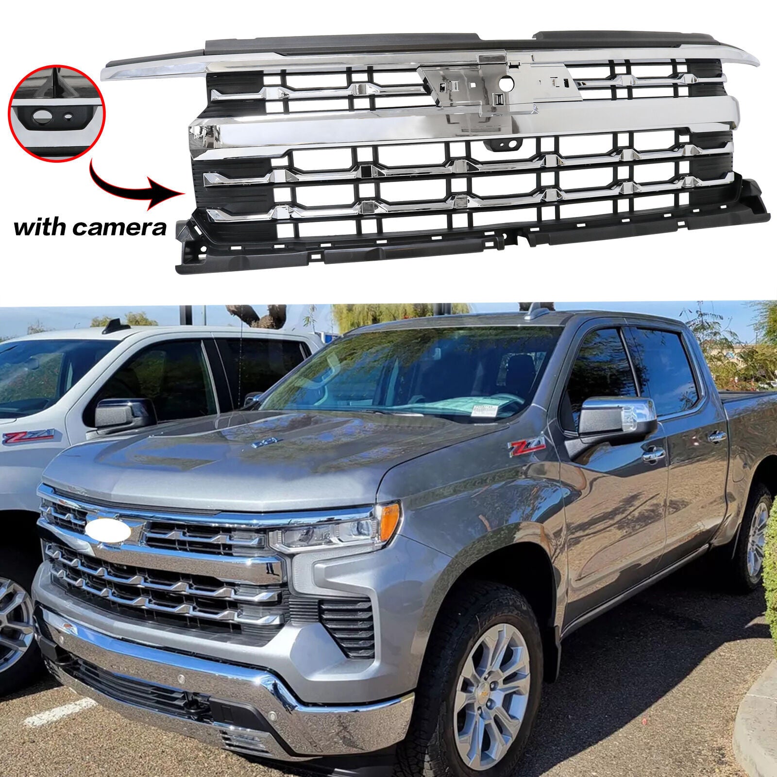 Front Upper Grille W/ Camera For 2022 2023 2024 for Chevy Silverado 1500 n