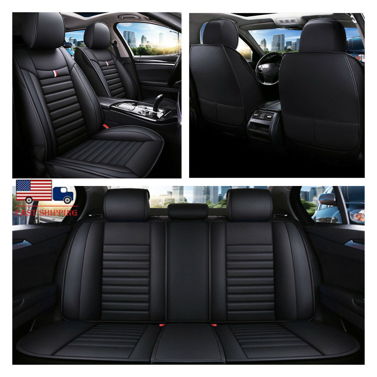 Black Car for Seat Covers Front Rear Cushions Full Set Breathable Universal US Stock Q