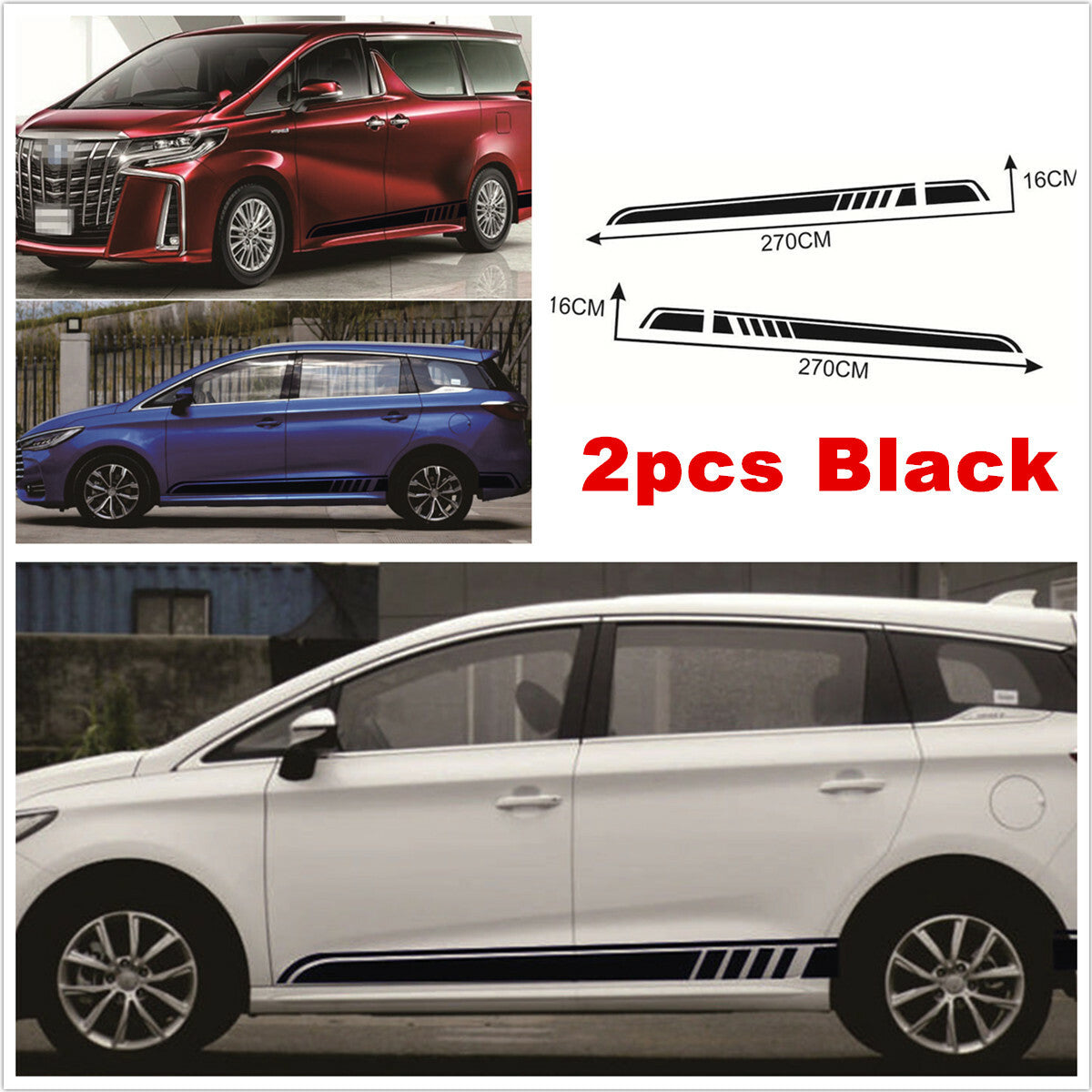 2pcs Car Racing Long Stripe Graphics Side Body Vinyl Decal Sticker Decor Black