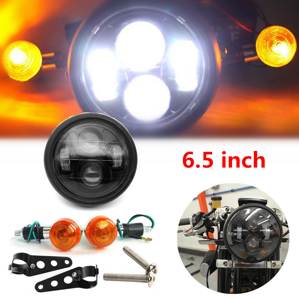 12V Retro Motorcycle 6.5-inch LED Metal Headlight + Turn Signal Light + Mount Kit n