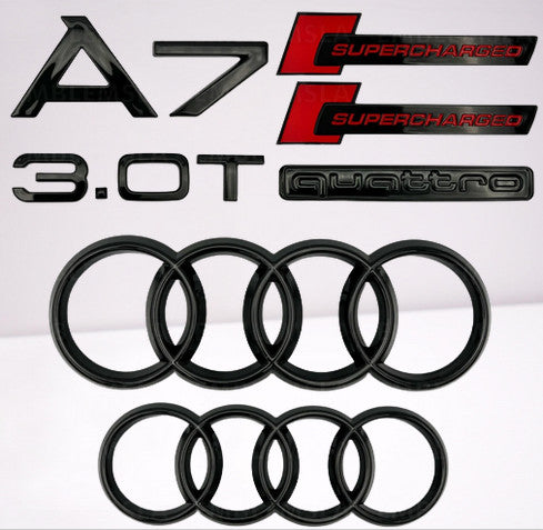 for Audi A7 badge ring Supercharged 3.0T Quattro Hood Trunk badge gloss black