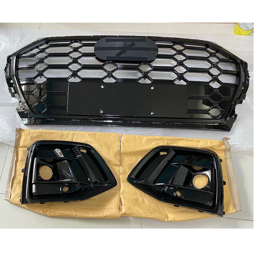 Front Bumper Grille Honeycomb Grill + Fog Light Cover Trim for Audi Q5 2021-2022