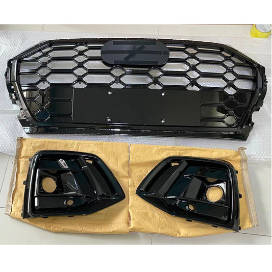 Front Bumper Grille Honeycomb Grill + Fog Light Cover Trim for Audi Q5 2021-2022