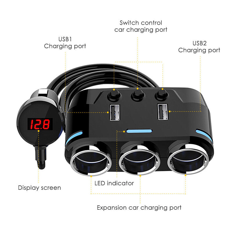 3-way cigarette lighter socket distributor, power adapter, dual USB car phone charger - n