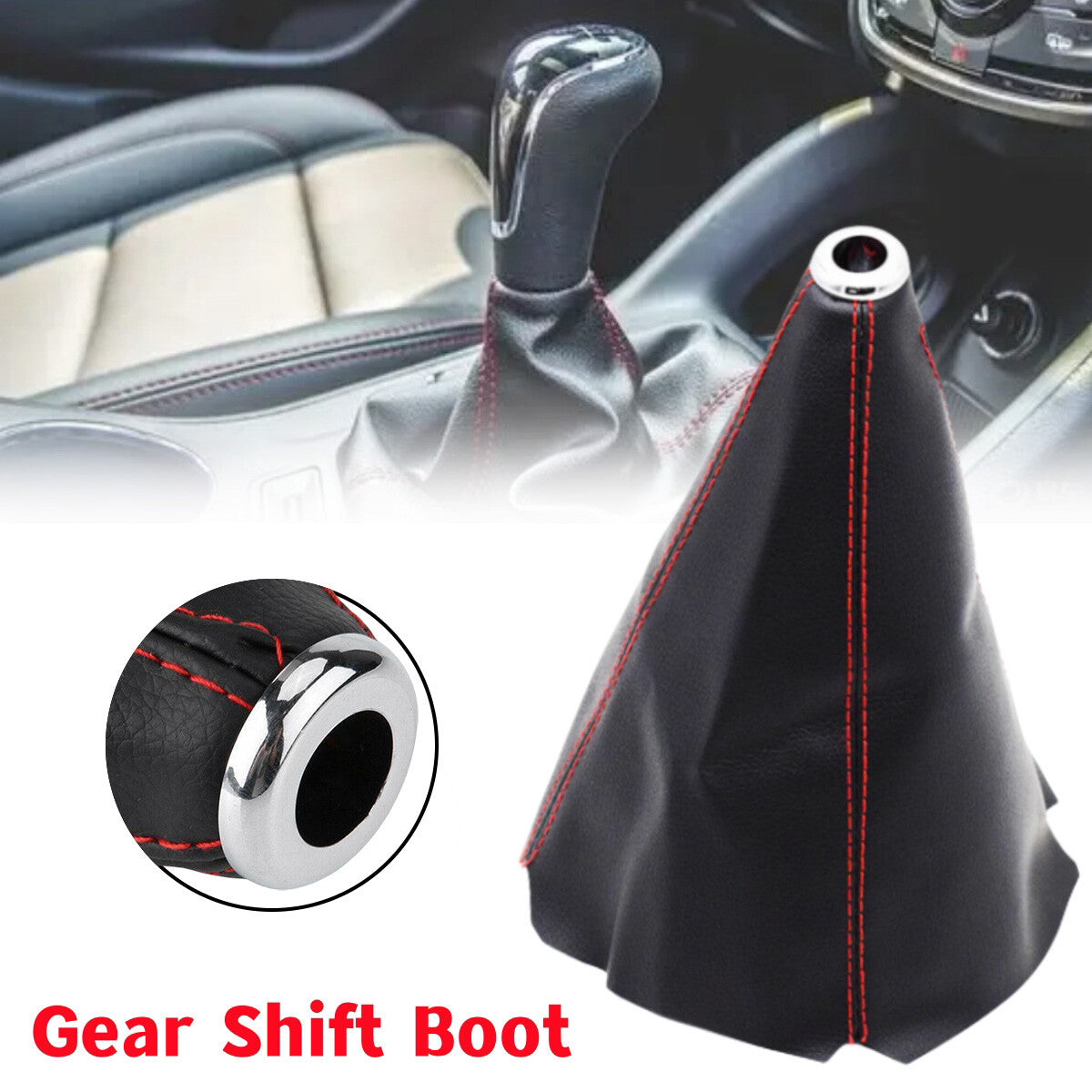 1X PU Leather Red Line Car Gear Shift Stick Gaiter Boot Dust Proof Cover Black Q