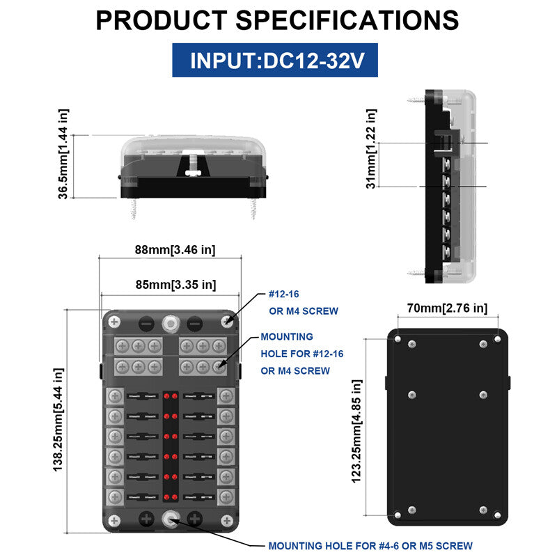 12-way fuse box, 32V with LED indicator, suitable for cars, trucks, boats, RVs, and waterproof. n
